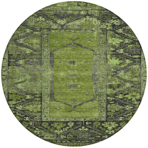 HomeRoots 8' Olive Green & Gray Round Oriental Rug – Washable, Durable Design for Indoor & Outdoor Spaces 619011