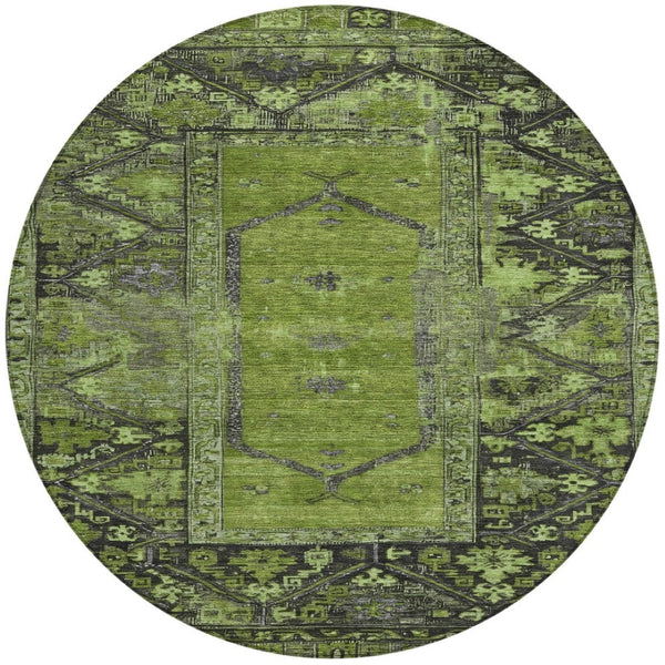 HomeRoots 8' Olive Green & Gray Round Oriental Rug – Washable, Durable Design for Indoor & Outdoor Spaces 619011