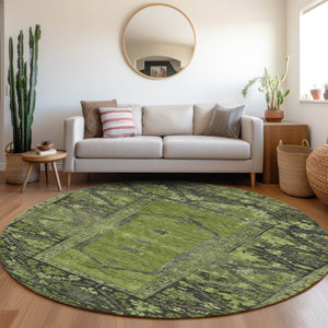 HomeRoots 8' Olive Green & Gray Round Oriental Rug – Washable, Durable Design for Indoor & Outdoor Spaces 619011