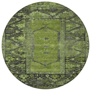 HomeRoots 8' Olive Green & Gray Round Oriental Rug – Washable, Durable Design for Indoor & Outdoor Spaces 619011
