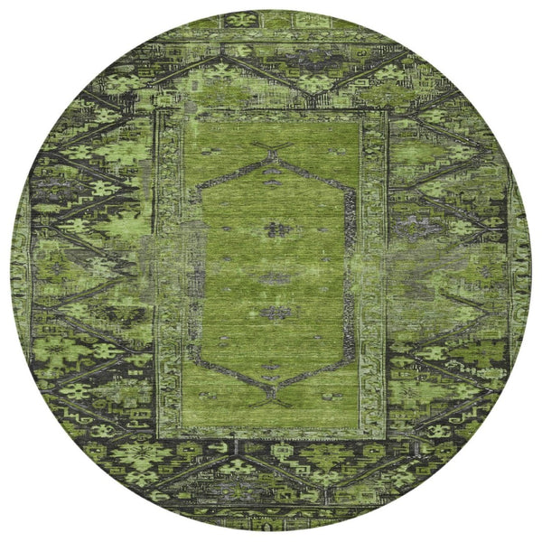 HomeRoots 8' Olive Green & Gray Round Oriental Rug – Washable, Durable Design for Indoor & Outdoor Spaces 619011