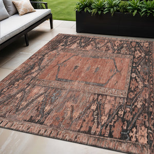 HomeRoots 5' Terra Cotta & Gray Oriental Washable Area Rug - Durable Design for Indoor & Outdoor Spaces! 619022