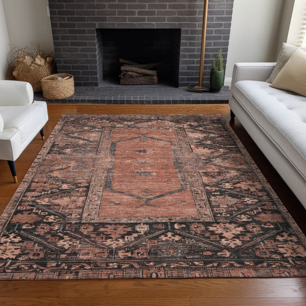 HomeRoots 5' Terra Cotta & Gray Oriental Washable Area Rug - Durable Design for Indoor & Outdoor Spaces! 619022