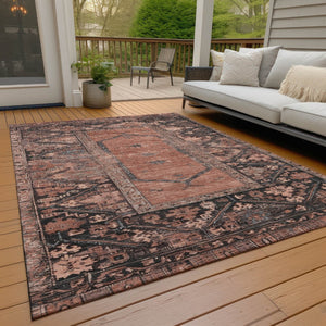 HomeRoots 5' Terra Cotta & Gray Oriental Washable Area Rug - Durable Design for Indoor & Outdoor Spaces! 619022