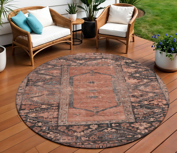 HomeRoots 8' Terra Cotta & Gray Round Oriental Rug - Stylish, Washable, Durable for Indoor & Outdoor Spaces 619023
