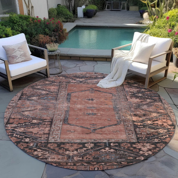 HomeRoots 8' Terra Cotta & Gray Round Oriental Rug - Stylish, Washable, Durable for Indoor & Outdoor Spaces 619023
