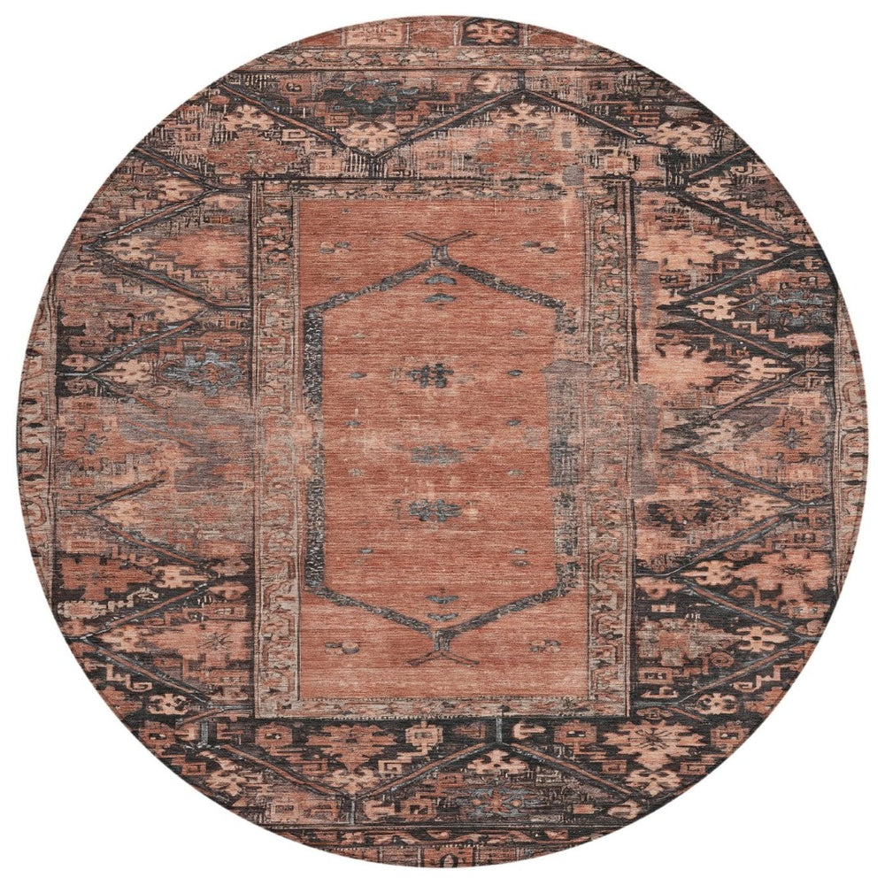 HomeRoots 8' Terra Cotta & Gray Round Oriental Rug - Stylish, Washable, Durable for Indoor & Outdoor Spaces 619023