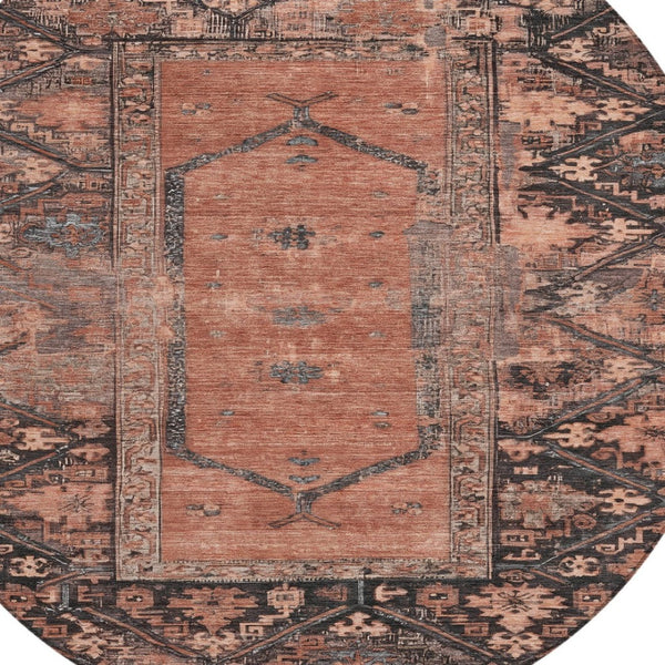 HomeRoots 8' Terra Cotta & Gray Round Oriental Rug - Stylish, Washable, Durable for Indoor & Outdoor Spaces 619023