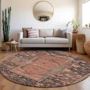 HomeRoots 8' Terra Cotta & Gray Round Oriental Rug - Stylish, Washable, Durable for Indoor & Outdoor Spaces 619023