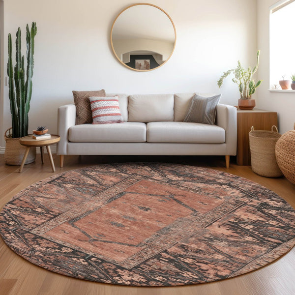HomeRoots 8' Terra Cotta & Gray Round Oriental Rug - Stylish, Washable, Durable for Indoor & Outdoor Spaces 619023