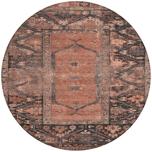 HomeRoots 8' Terra Cotta & Gray Round Oriental Rug - Stylish, Washable, Durable for Indoor & Outdoor Spaces 619023