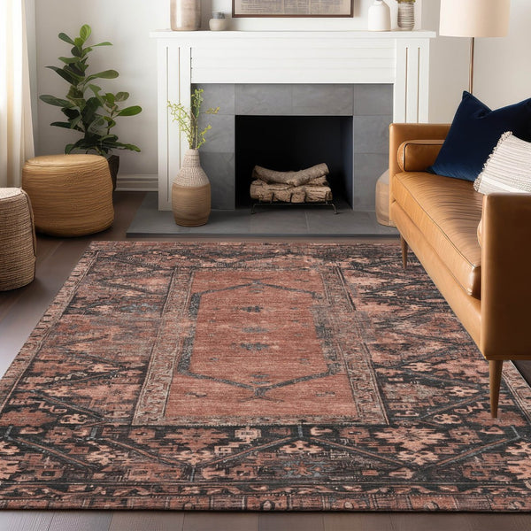 HomeRoots 8' X 10' Terra Cotta & Gray Washable Rug - Durable, Stylish Indoor/Outdoor Area Rug for High Traffic Zones 619024