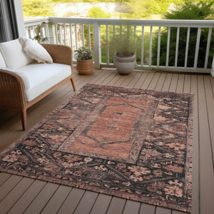 HomeRoots 9' X 12' Terra Cotta and Gray Oriental Washable Area Rug – Durable, Stylish, Perfect for Indoors & Outdoors 619025