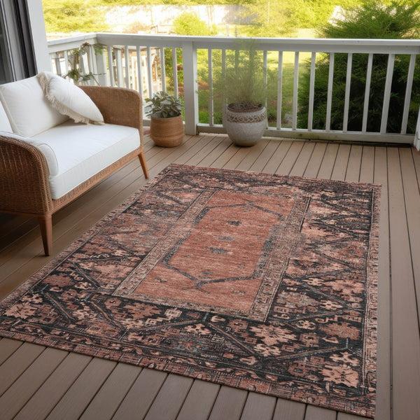 HomeRoots 9' X 12' Terra Cotta and Gray Oriental Washable Area Rug – Durable, Stylish, Perfect for Indoors & Outdoors 619025