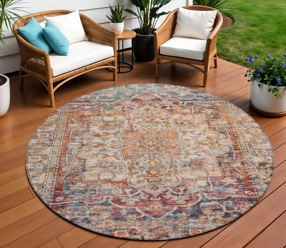 HomeRoots 8' Copper and Ivory Round Floral Medallion Rug - Washable, Durable, Stylish for Indoor & Outdoor Use 619029