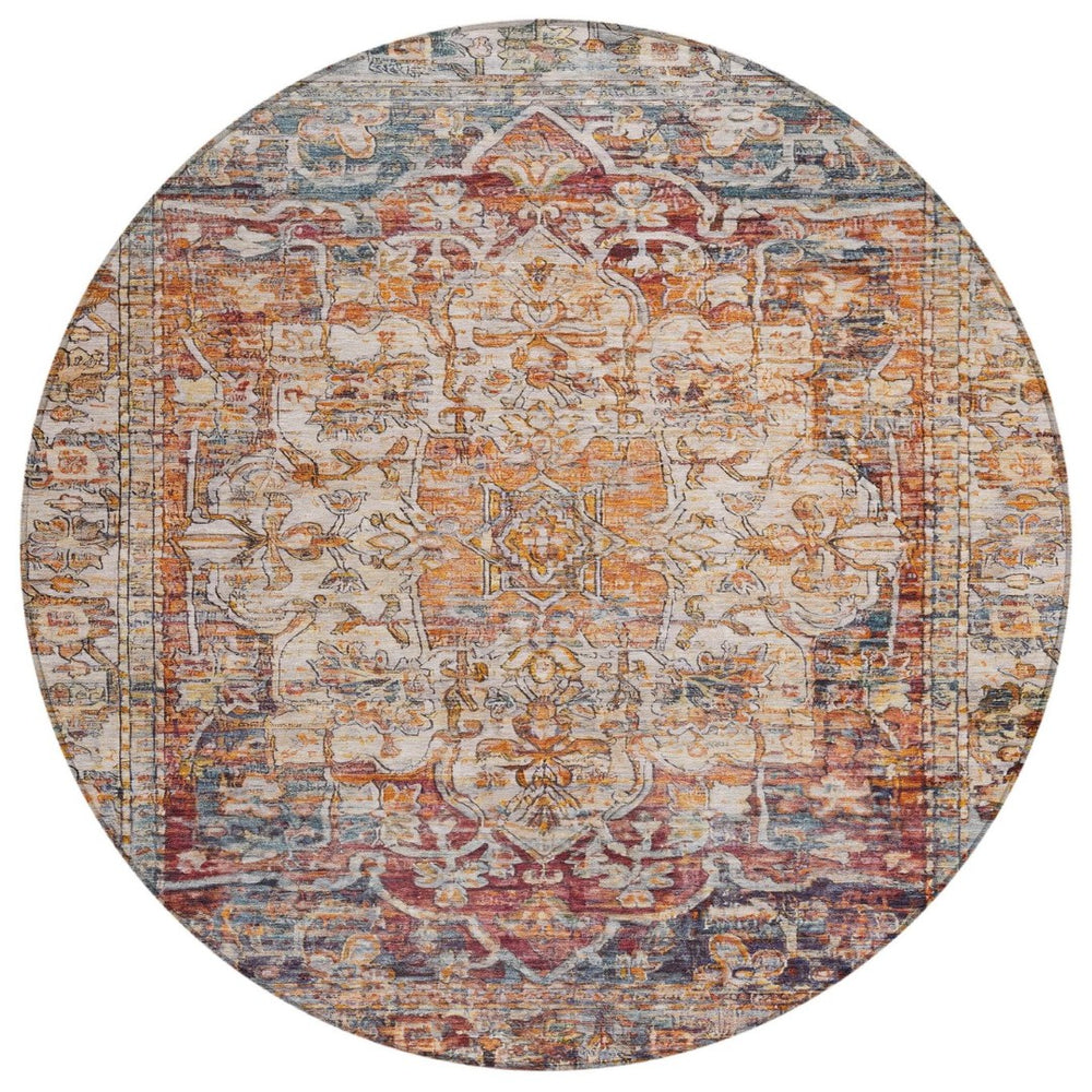 HomeRoots 8' Copper and Ivory Round Floral Medallion Rug - Washable, Durable, Stylish for Indoor & Outdoor Use 619029
