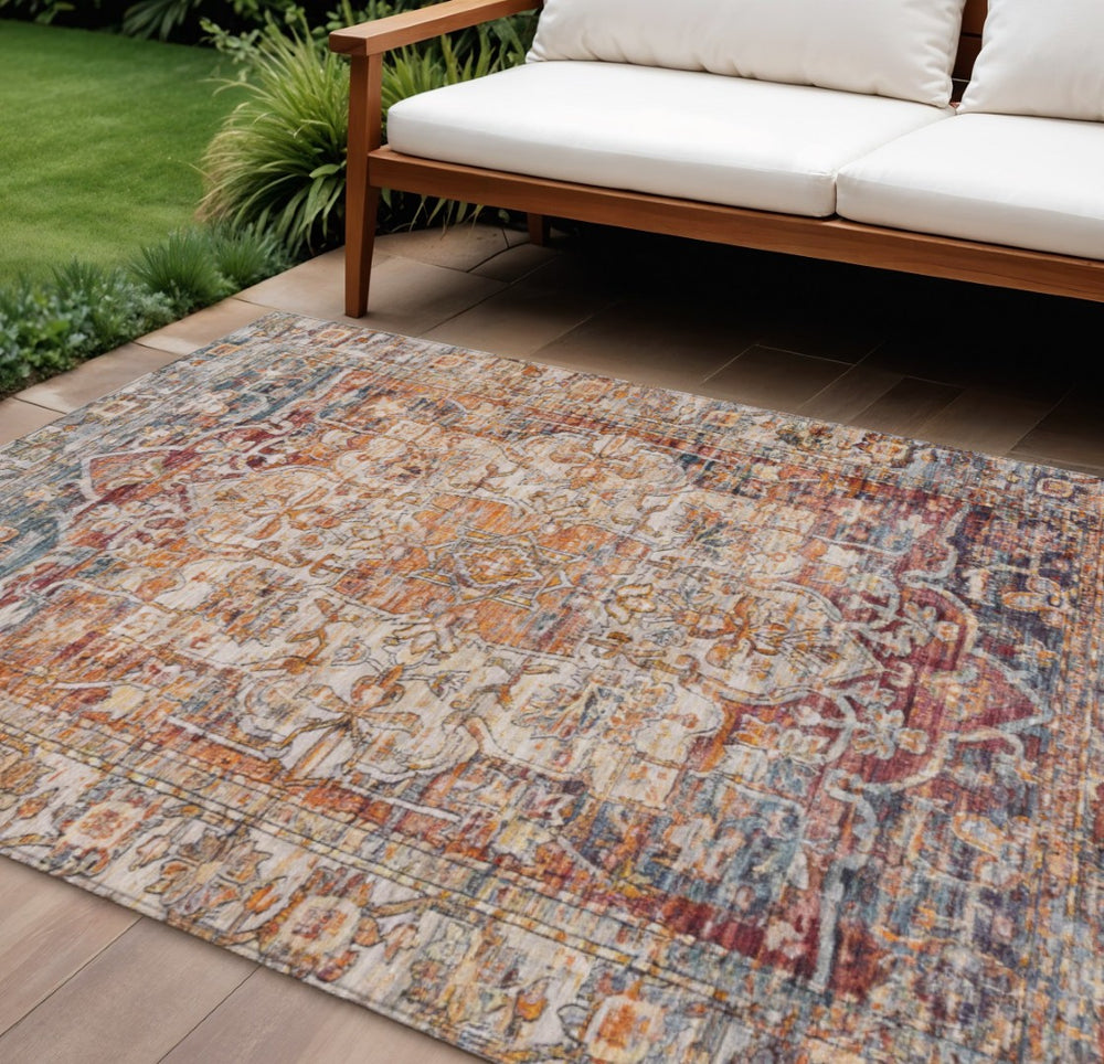 HomeRoots 9' X 12' Copper Floral Medallion Area Rug – Washable, Stain-Resistant, Perfect for Indoor & Outdoor Use! 619031