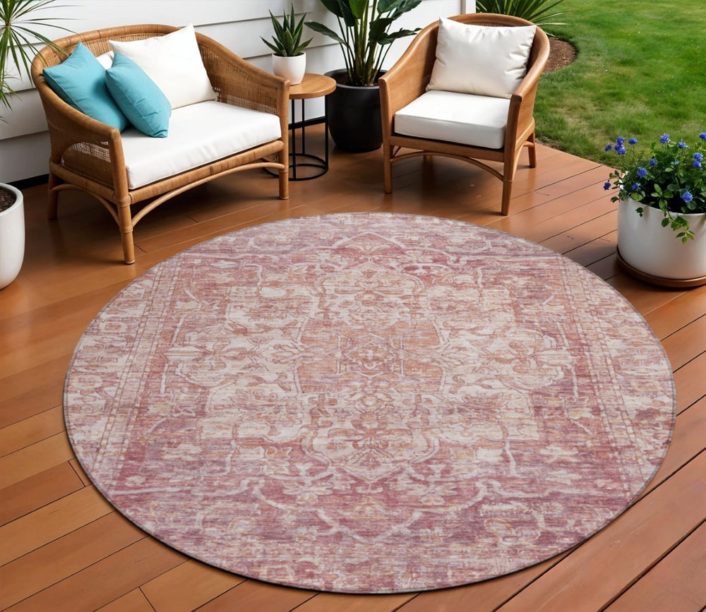 HomeRoots 8' Rust and Ivory Round Floral Medallion Rug - Durable, Washable for Indoor/Outdoor Use, Easy Care 619035