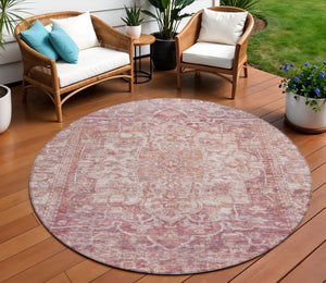 HomeRoots 8' Rust and Ivory Round Floral Medallion Rug - Durable, Washable for Indoor/Outdoor Use, Easy Care 619035