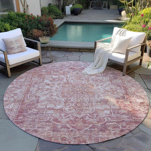 HomeRoots 8' Rust and Ivory Round Floral Medallion Rug - Durable, Washable for Indoor/Outdoor Use, Easy Care 619035