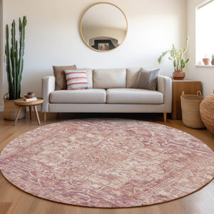HomeRoots 8' Rust and Ivory Round Floral Medallion Rug - Durable, Washable for Indoor/Outdoor Use, Easy Care 619035