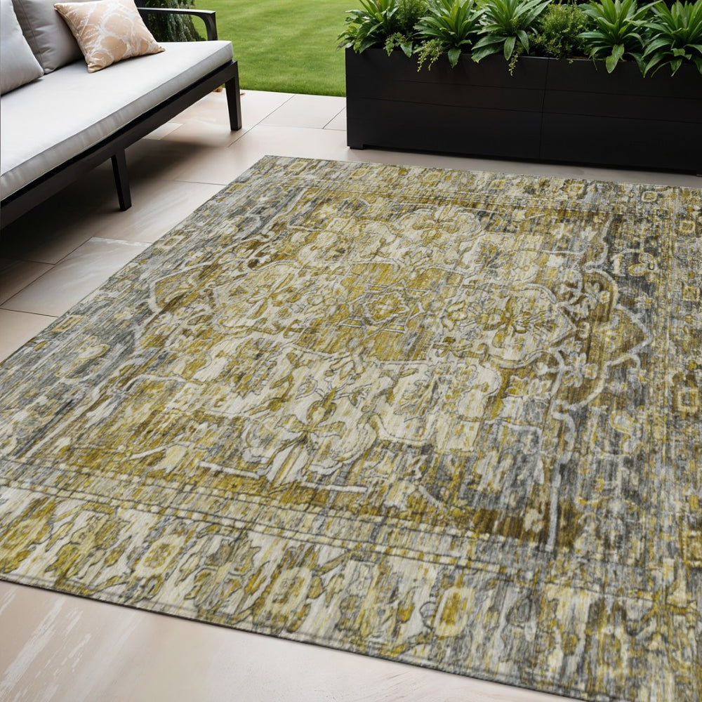 HomeRoots 5' X 8' Stunning Pewter Gray & Gold Floral Medallion Rug – Washable, Durable Indoor/Outdoor Style 619040