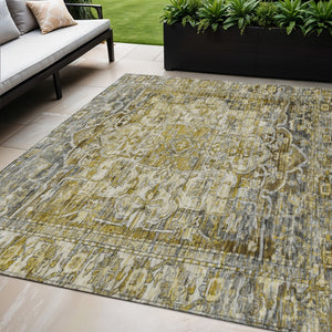 HomeRoots 5' X 8' Stunning Pewter Gray & Gold Floral Medallion Rug – Washable, Durable Indoor/Outdoor Style 619040