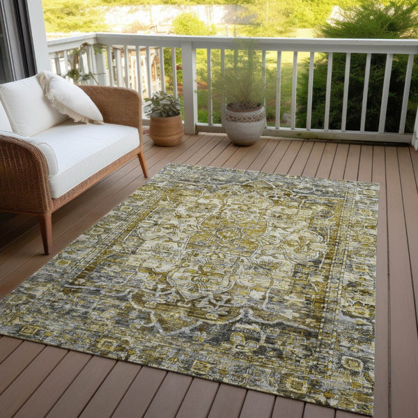 HomeRoots 5' X 8' Stunning Pewter Gray & Gold Floral Medallion Rug – Washable, Durable Indoor/Outdoor Style 619040