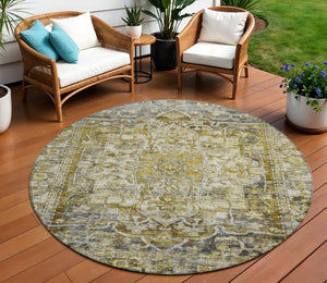 HomeRoots 8' Elegant Pewter Gray and Gold Floral Medallion Washable Area Rug for Indoor & Outdoor Spaces 619041