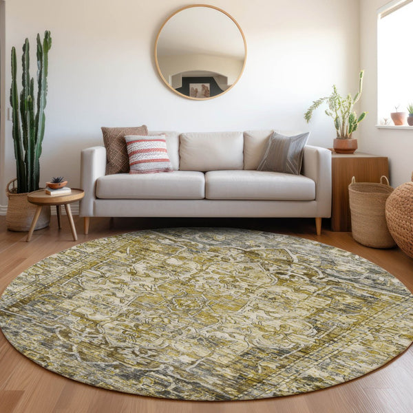 HomeRoots 8' Elegant Pewter Gray and Gold Floral Medallion Washable Area Rug for Indoor & Outdoor Spaces 619041