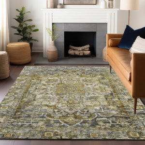 HomeRoots 8' X 10' Elegant Pewter Gray & Gold Floral Medallion Rug - Durable, Washable for Indoor/Outdoor Use 619042