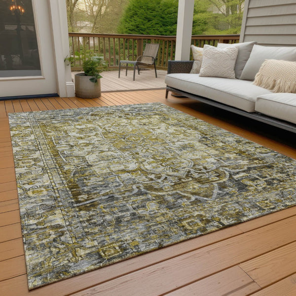 HomeRoots 8' X 10' Elegant Pewter Gray & Gold Floral Medallion Rug - Durable, Washable for Indoor/Outdoor Use 619042