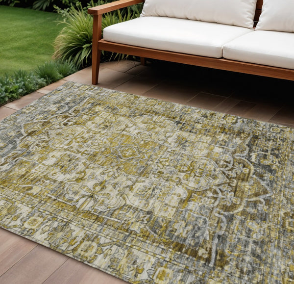 HomeRoots 9' X 12' Elegant Pewter Gray and Gold Floral Medallion Rug - Washable, Durable Indoor/Outdoor Style 619043