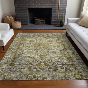 HomeRoots 10' X 14' Elegant Pewter Gray and Gold Medallion Area Rug - Durable, Washable for Indoor/Outdoor Use 619044