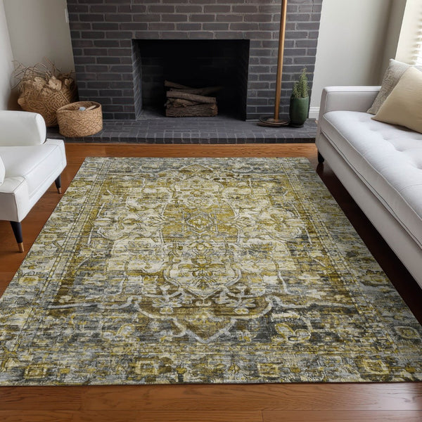 HomeRoots 10' X 14' Elegant Pewter Gray and Gold Medallion Area Rug - Durable, Washable for Indoor/Outdoor Use 619044