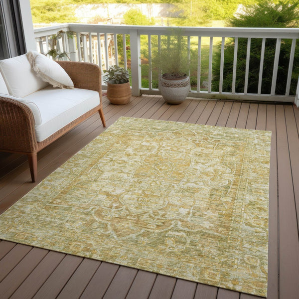HomeRoots 5' Tan Gold Ivory Floral Medallion Area Rug - Washable, Durable, Stylish for Indoor & Outdoor Use 619046