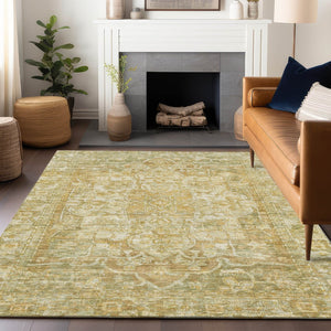 HomeRoots 5' Tan Gold Ivory Floral Medallion Area Rug - Washable, Durable, Stylish for Indoor & Outdoor Use 619046