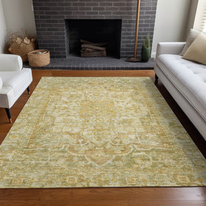 HomeRoots 5' Tan Gold Ivory Floral Medallion Area Rug - Washable, Durable, Stylish for Indoor & Outdoor Use 619046