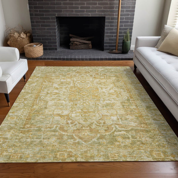 HomeRoots 5' Tan Gold Ivory Floral Medallion Area Rug - Washable, Durable, Stylish for Indoor & Outdoor Use 619046