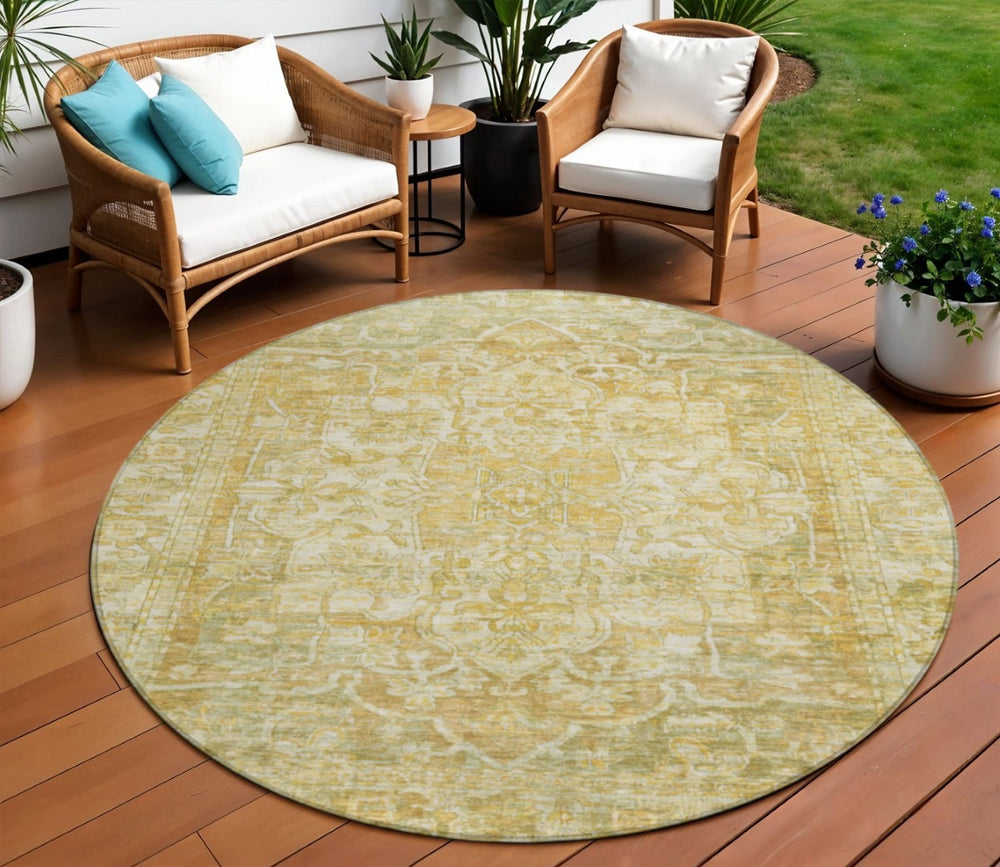 HomeRoots 8' Round Floral Medallion Area Rug in Tan, Gold & Ivory - Stylish, Durable & Washable for Indoor/Outdoor Use 619047