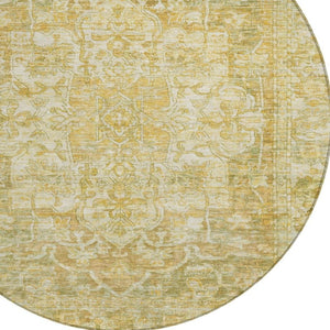 HomeRoots 8' Round Floral Medallion Area Rug in Tan, Gold & Ivory - Stylish, Durable & Washable for Indoor/Outdoor Use 619047