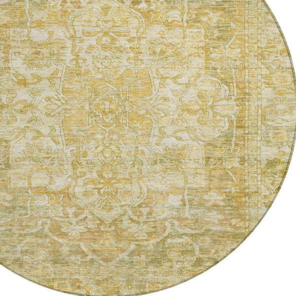 HomeRoots 8' Round Floral Medallion Area Rug in Tan, Gold & Ivory - Stylish, Durable & Washable for Indoor/Outdoor Use 619047