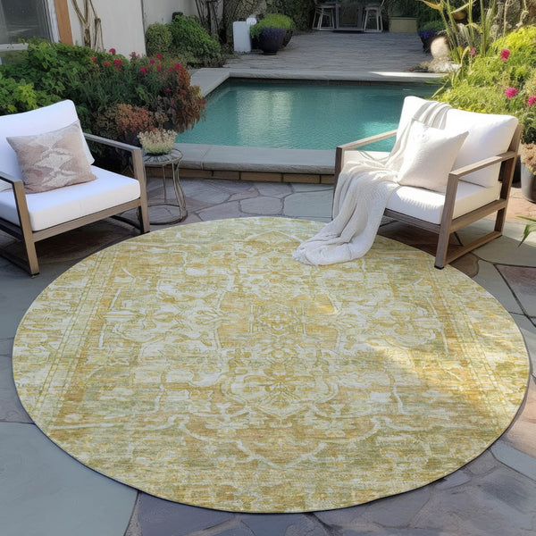 HomeRoots 8' Round Floral Medallion Area Rug in Tan, Gold & Ivory - Stylish, Durable & Washable for Indoor/Outdoor Use 619047