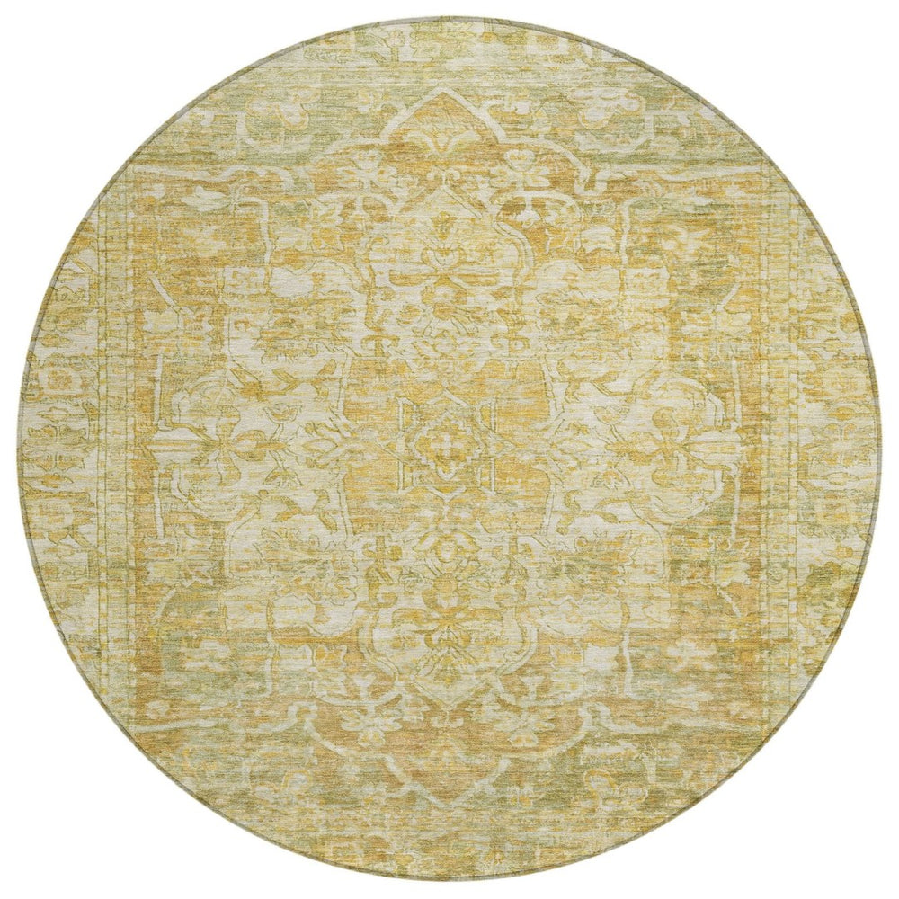 HomeRoots 8' Round Floral Medallion Area Rug in Tan, Gold & Ivory - Stylish, Durable & Washable for Indoor/Outdoor Use 619047