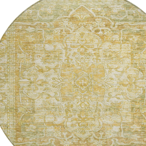HomeRoots 8' Round Floral Medallion Area Rug in Tan, Gold & Ivory - Stylish, Durable & Washable for Indoor/Outdoor Use 619047