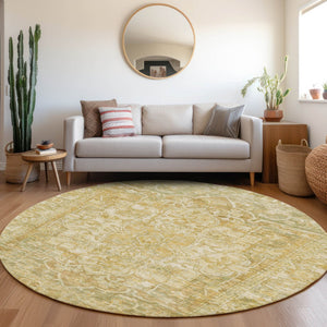 HomeRoots 8' Round Floral Medallion Area Rug in Tan, Gold & Ivory - Stylish, Durable & Washable for Indoor/Outdoor Use 619047
