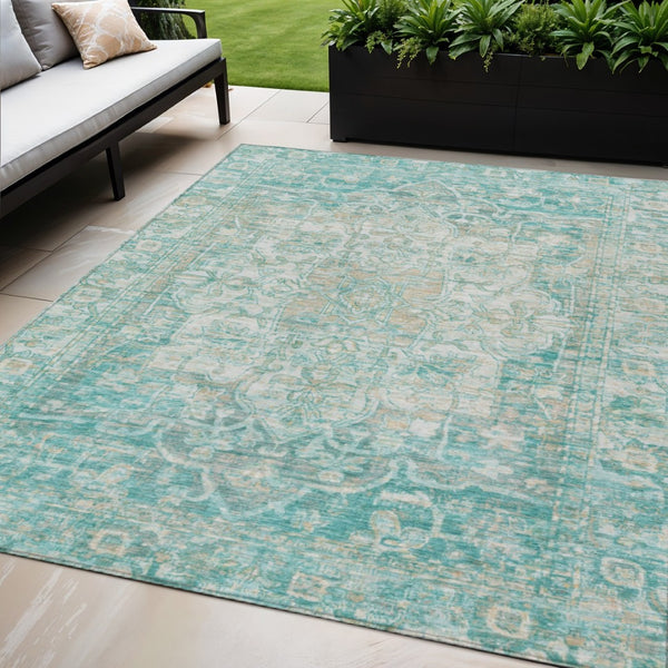 HomeRoots 5' Teal Blue & Ivory Floral Medallion Area Rug - Indoor/Outdoor, Durable, Washable, Easy Care Design 619052