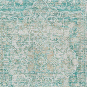HomeRoots 5' Teal Blue & Ivory Floral Medallion Area Rug - Indoor/Outdoor, Durable, Washable, Easy Care Design 619052