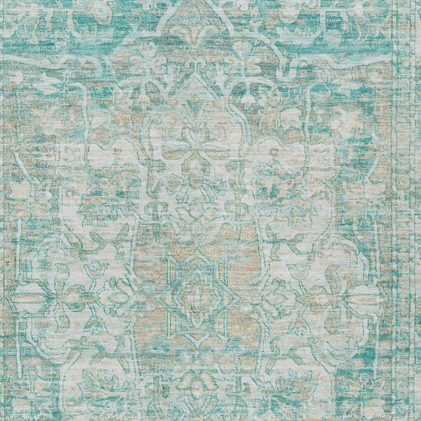 HomeRoots 5' Teal Blue & Ivory Floral Medallion Area Rug - Indoor/Outdoor, Durable, Washable, Easy Care Design 619052