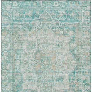 HomeRoots 5' Teal Blue & Ivory Floral Medallion Area Rug - Indoor/Outdoor, Durable, Washable, Easy Care Design 619052